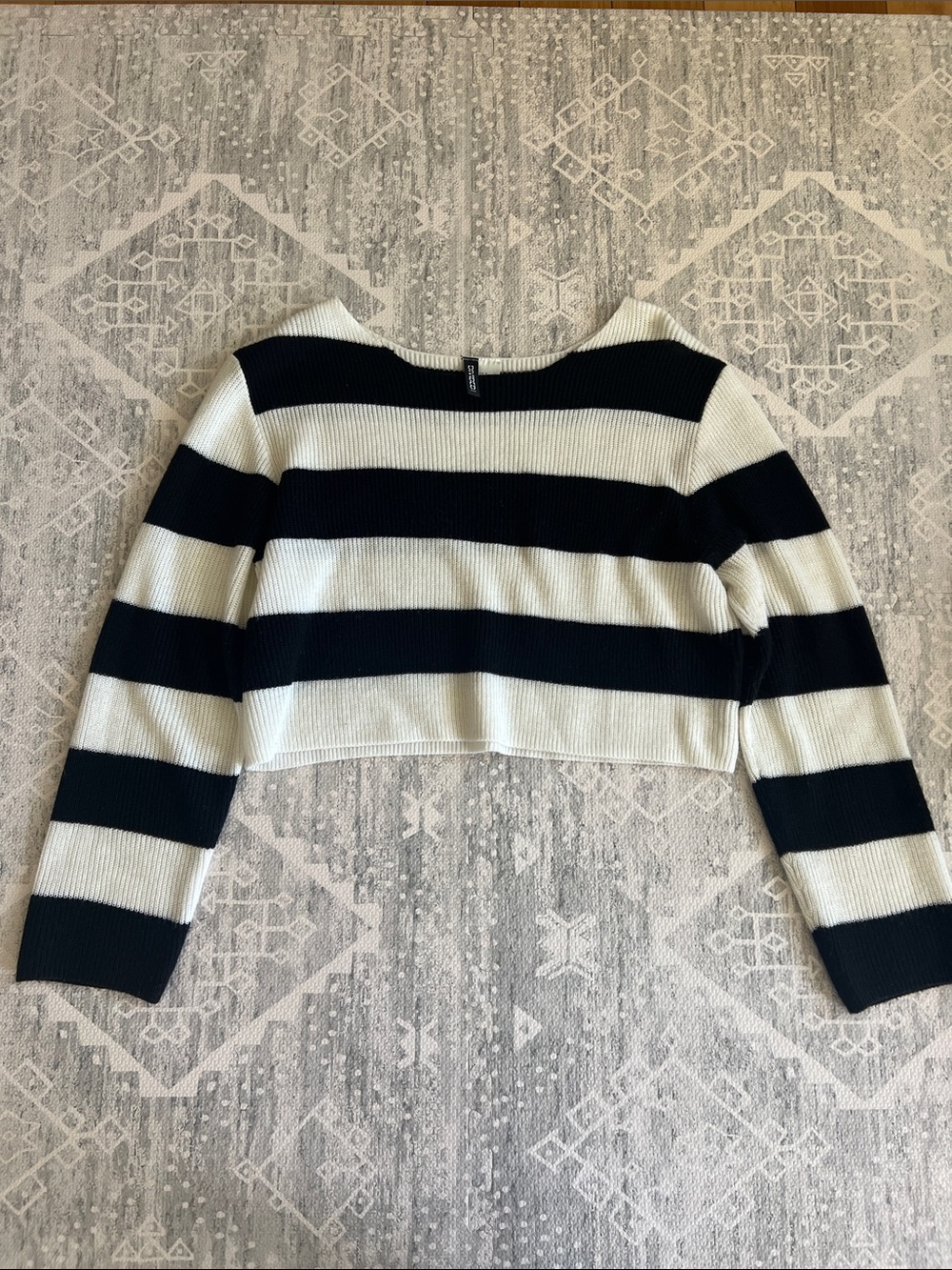 H&M Black and White Striped Cropped Sweater Top
